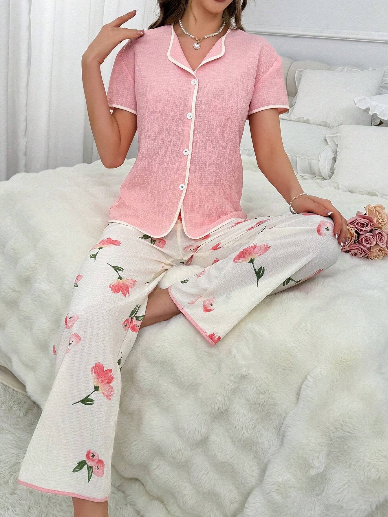 Women'S Piping Trimmed Short Sleeve Flower Print Long Pajama Set