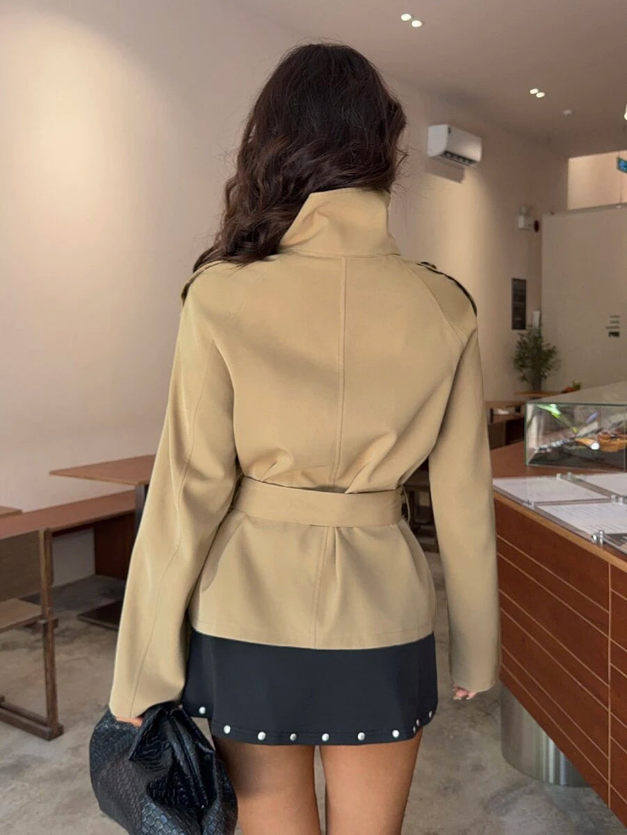 SHEIN Aloruh معطف ترنش نسائي بلون كاكي بخصر محدد