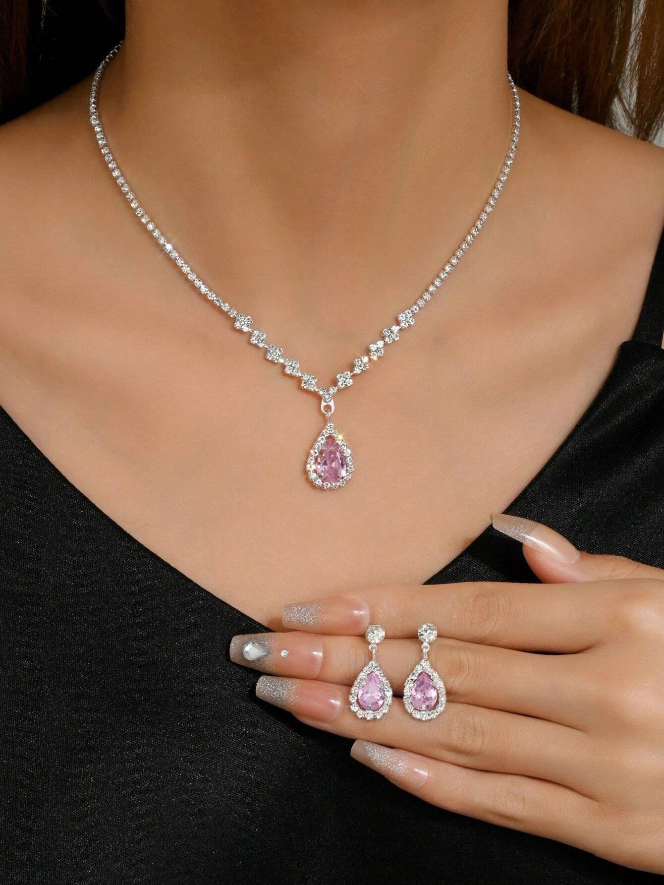3Pcs/Set Cubic Zirconia Water-Drop Decor Jewelry Set for Women for Party Banquet Wedding