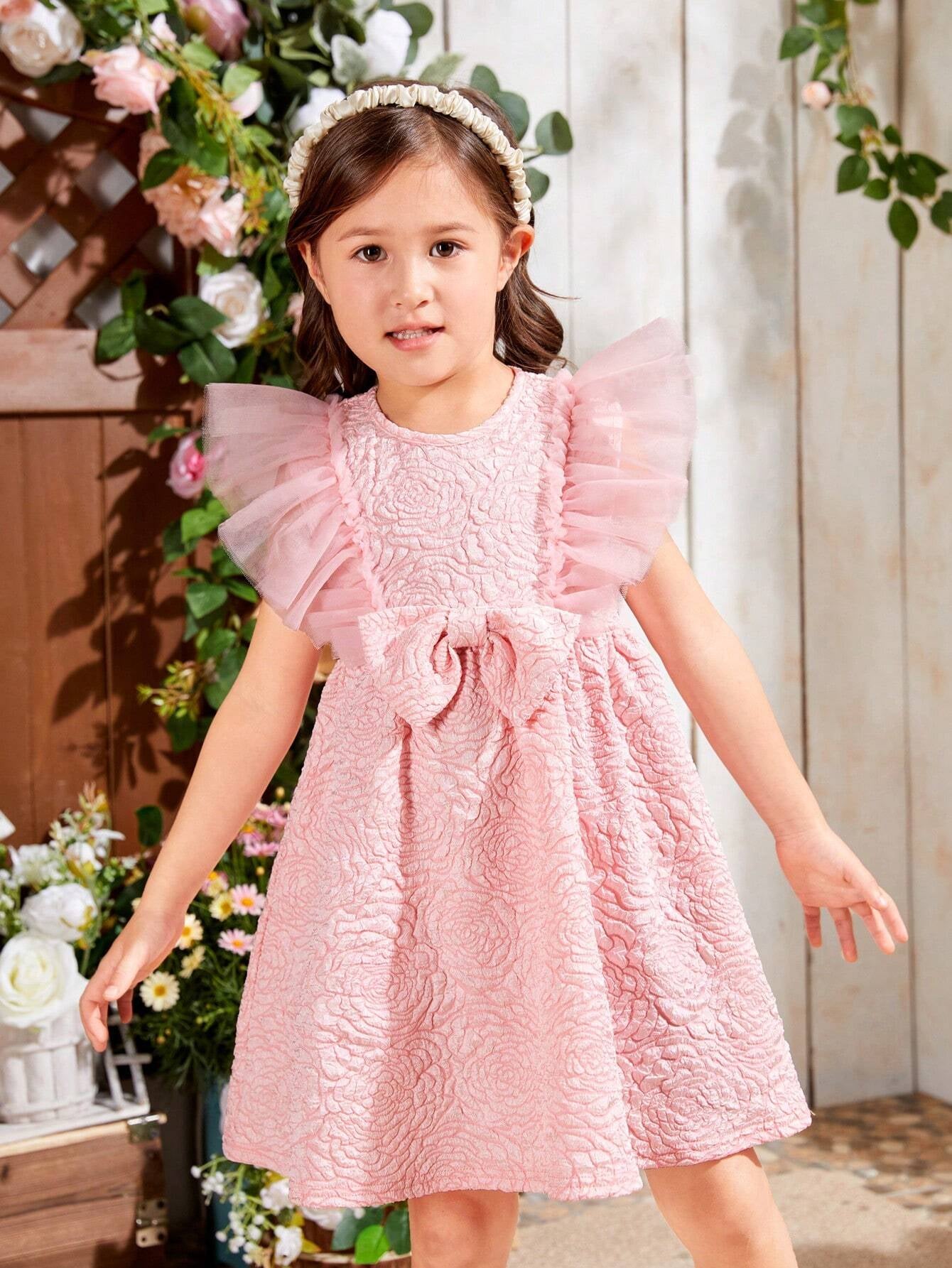 Young Girl'S Woven Jacquard round Neck Slim Fit Holiday Dress with Mesh Insert