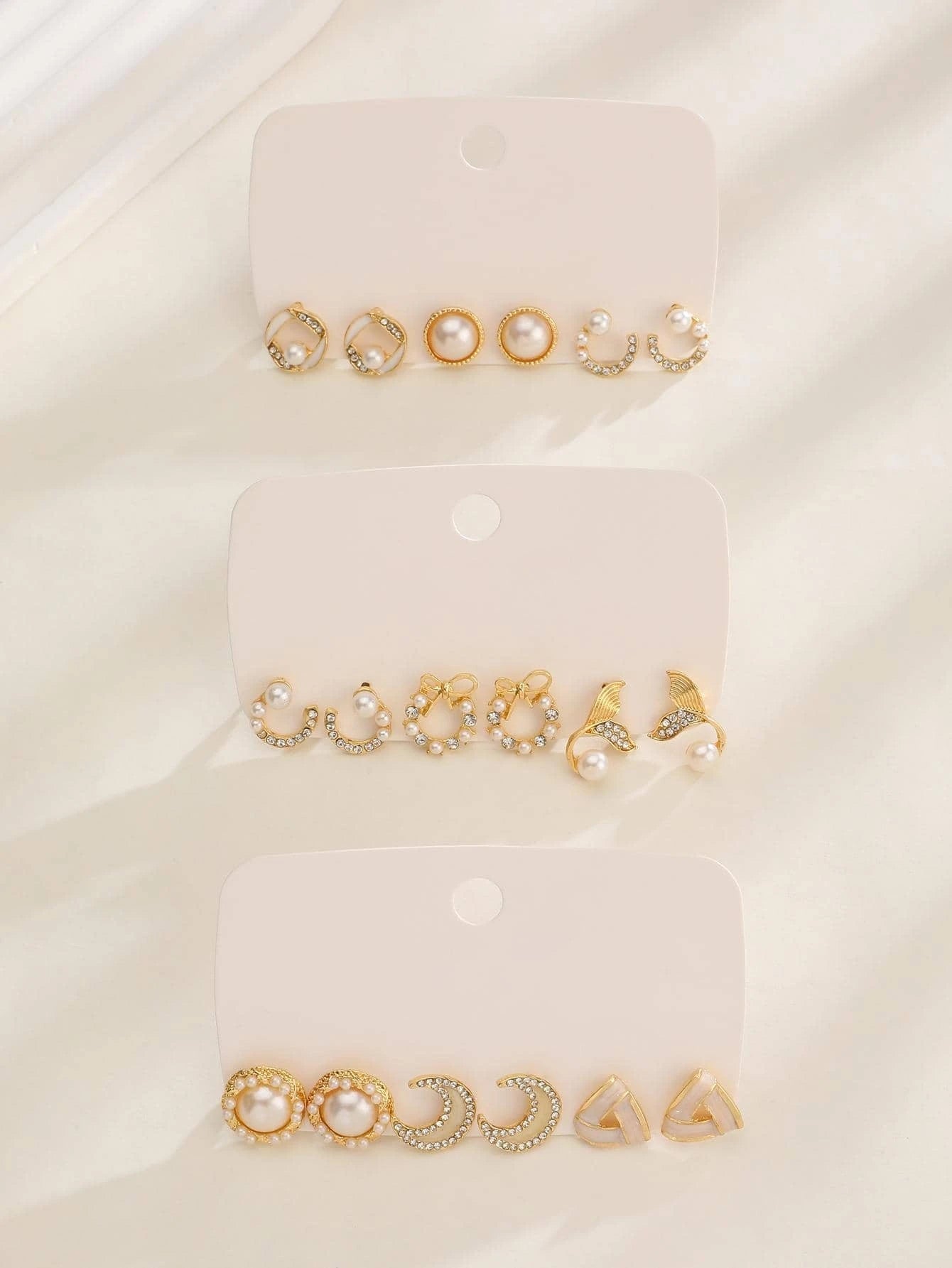 9Pairs/Set Fashionable Zinc Alloy Rhinestone Moon & Faux Pearl Decor Stud Earrings for Women for Daily Decoration