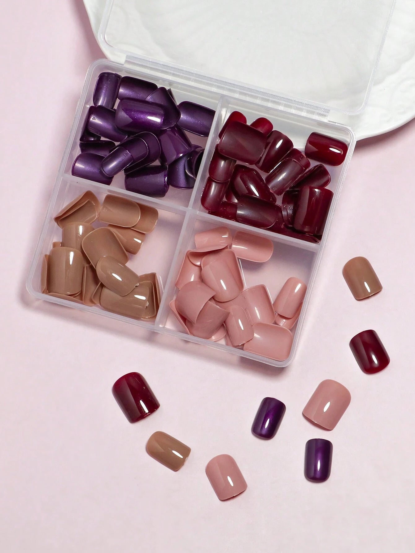 4 Colors (96 Pcs) Square Shape Press Nails Medium Size False Nails Brown Series Fake Nails Acrylic Faux Gloss Design Nails Full Coverage Nails for Women and Girls as Gifts