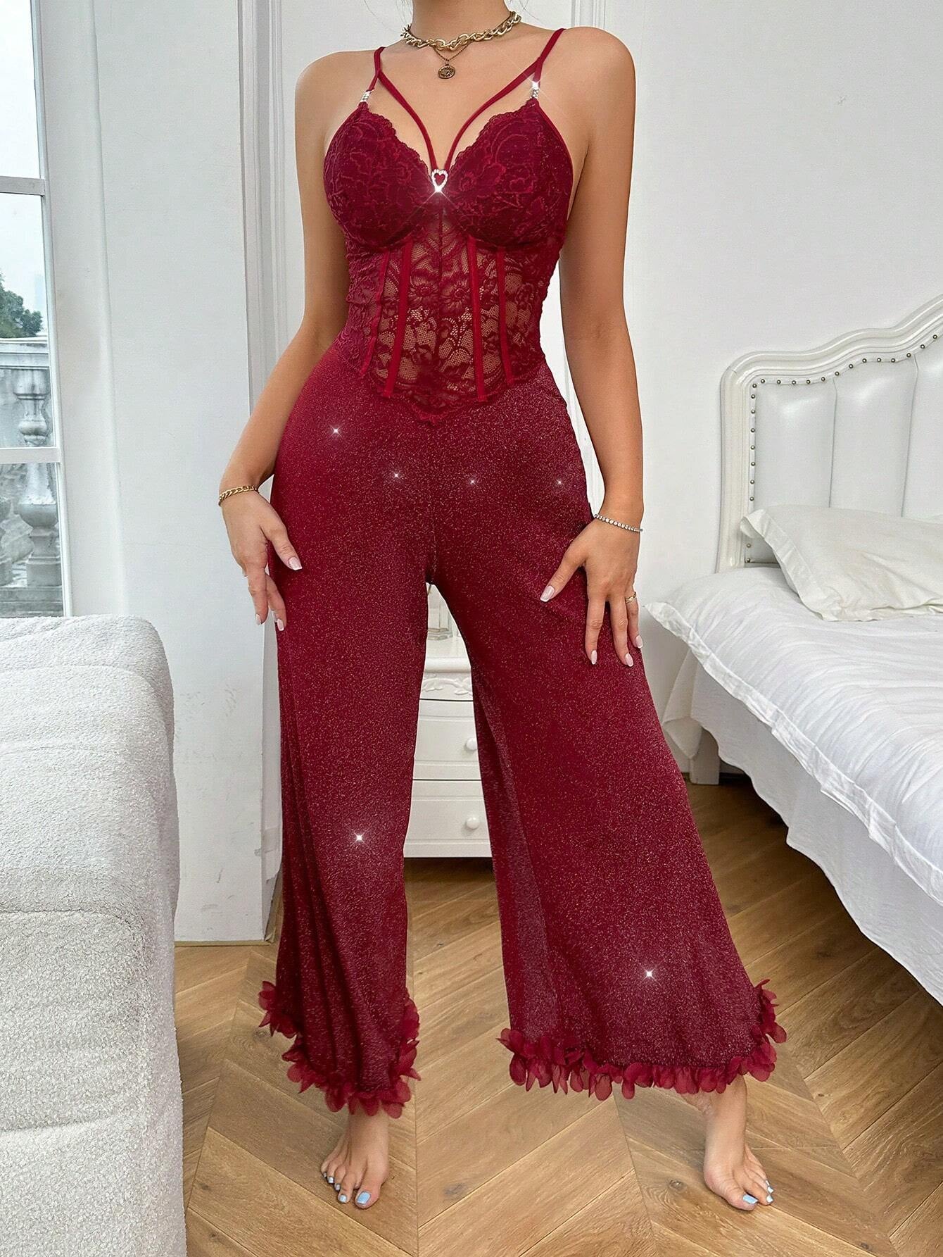 Lace Slim Fit Corset Detail Spaghetti Strap Women'S Pajama Jumpsuit