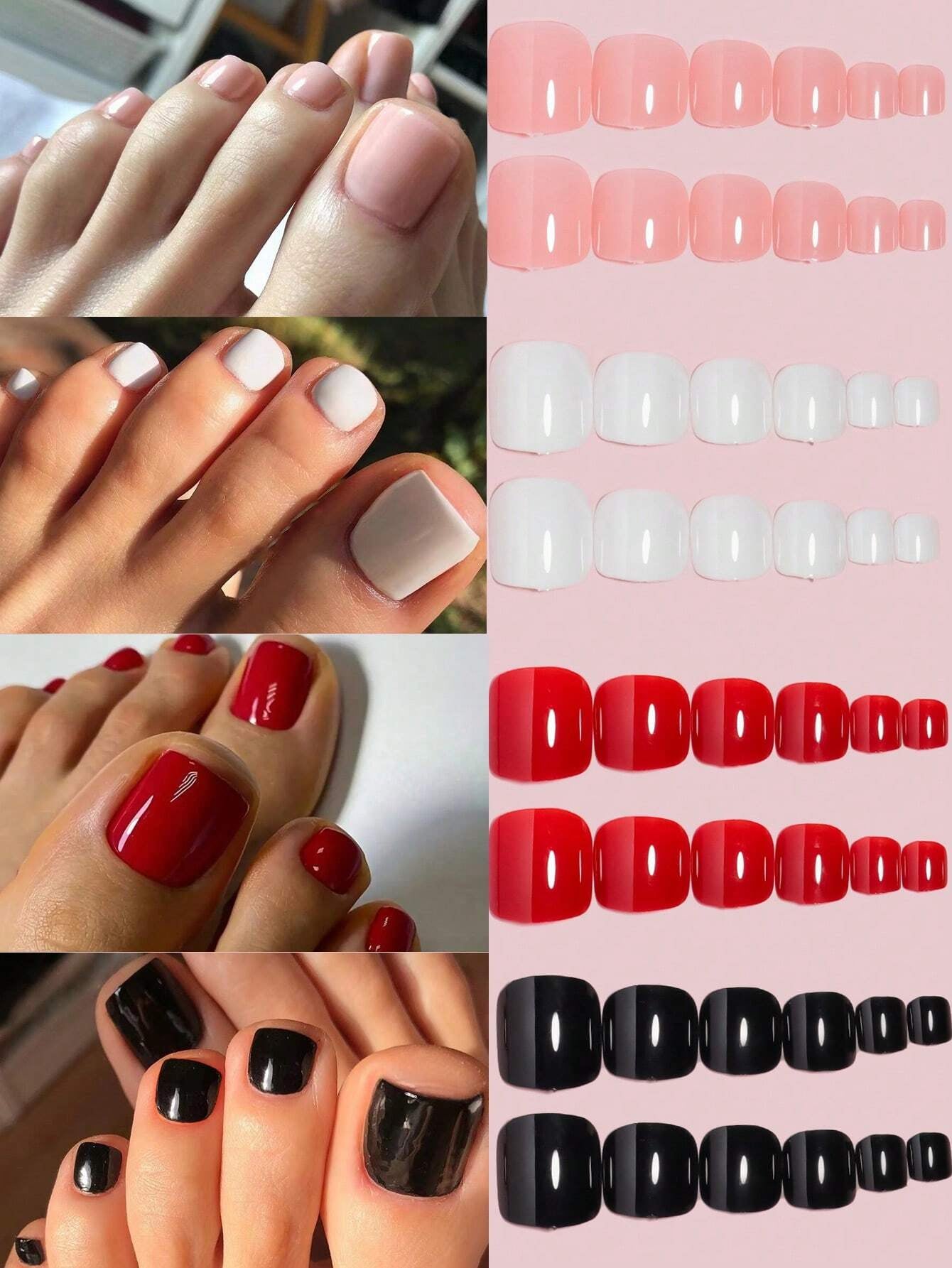 96Pcs(Pink/Cherry Red/Light Purple/Dark Purple) Short Square Press on Toenails Designed Press on Toenails Full Cover, 4 Glossy False Toenails for Feet, French Design Fake Toenails for Summer Nail Art Set for Women and Girls with Re-Usable Storage Box