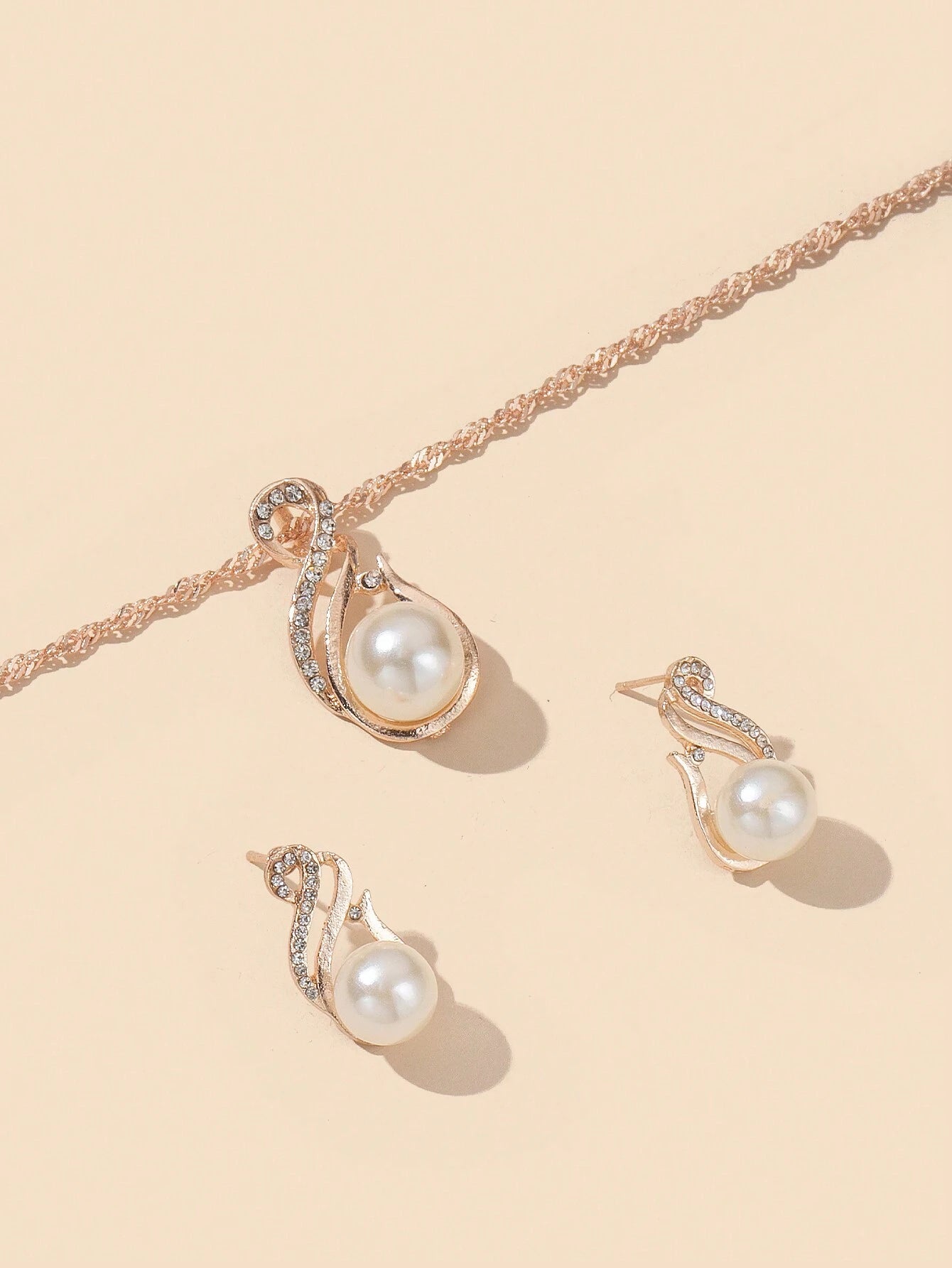 1Pc Charming Water Drop Shaped Rhinestone & Faux Pearl Pendant Necklace and 1Pair Earrings, Birthday/Festival Gift for Women