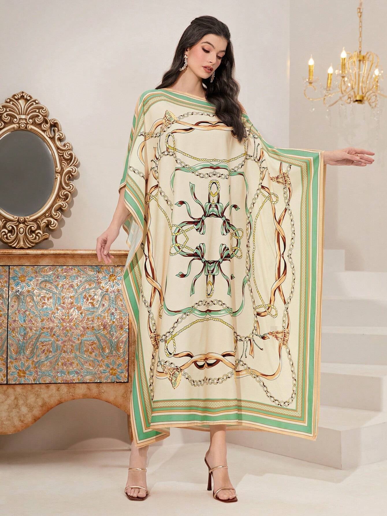 Najma Chain Print Bat-Wing Sleeve Kaftan