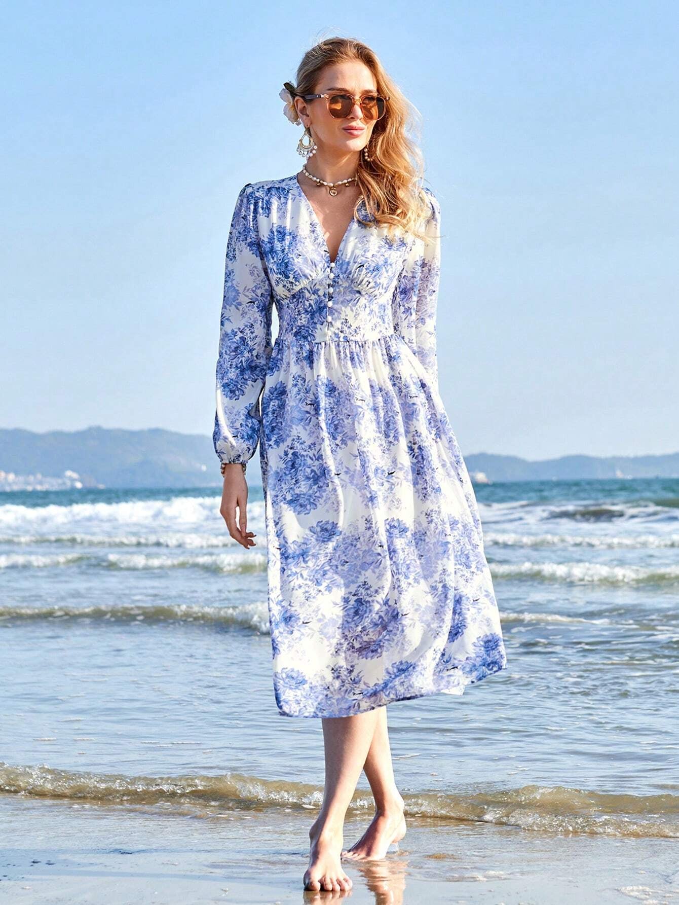 VCAY Random Printed Long Sleeve Dress