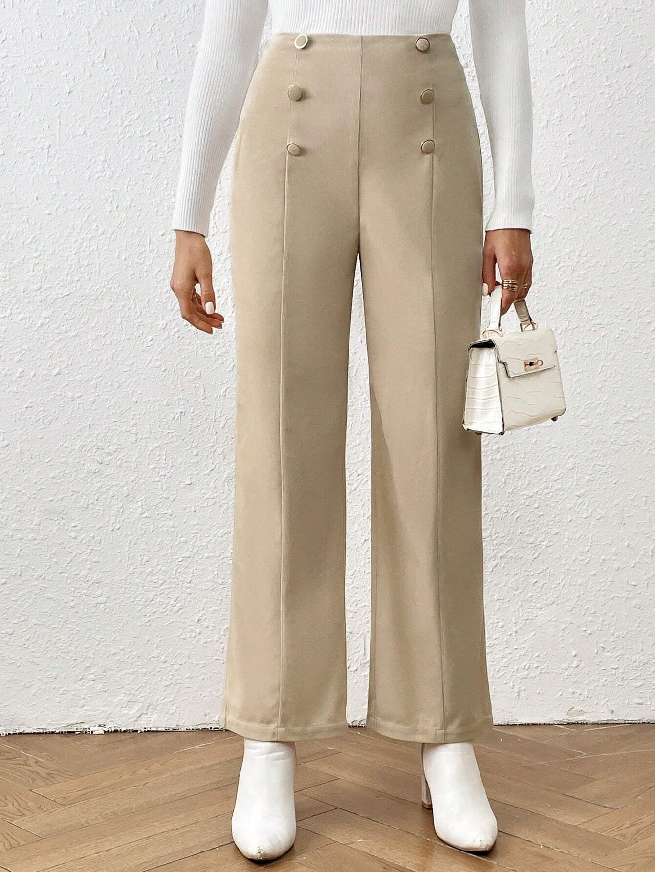 Frenchy High-Waisted Straight Leg Pants with Double Breasted Decoration