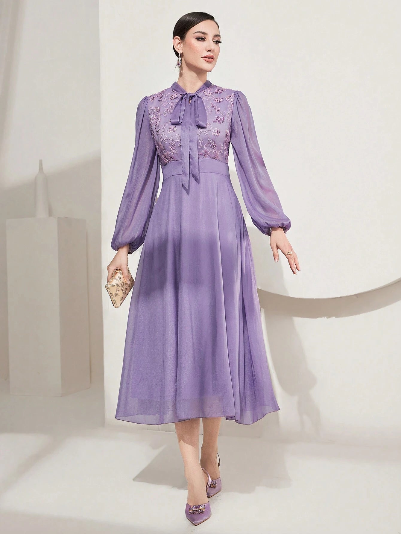 Modely Women'S Lace up Back Floral Embroidered Dress