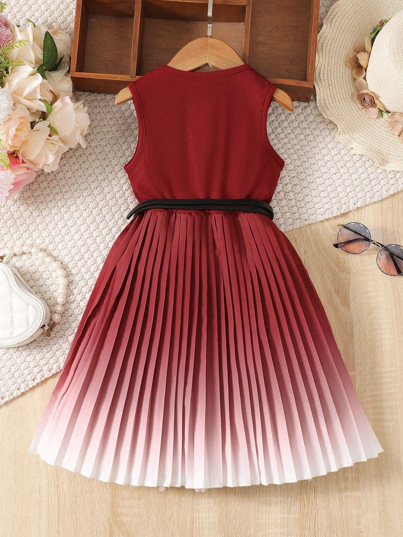 Young Girl Gradient Colorblock Pleated Hem Sleeveless Dress for Summer