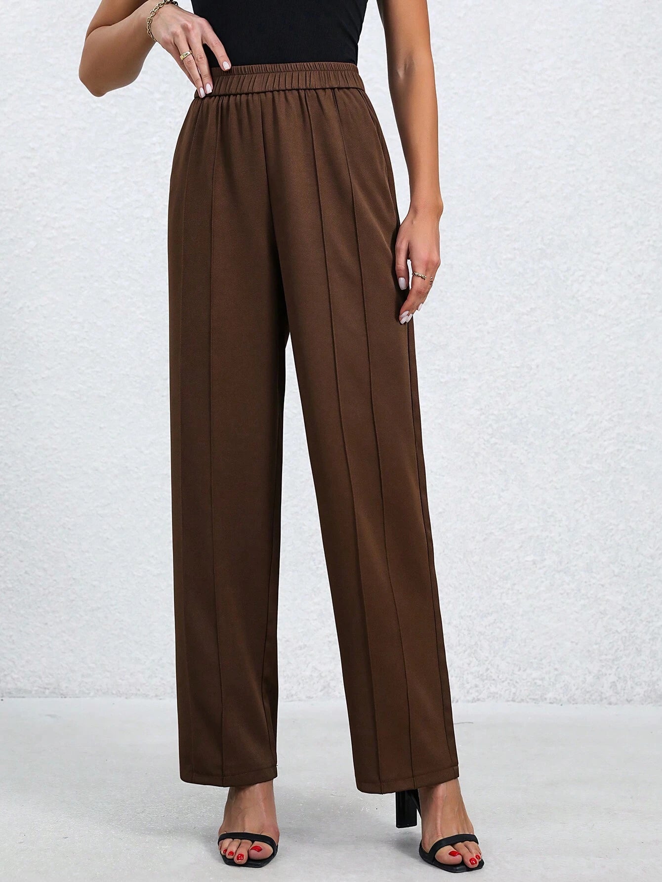 Privé Ladies' Solid Color Elastic Waist Pocketed Long Pants