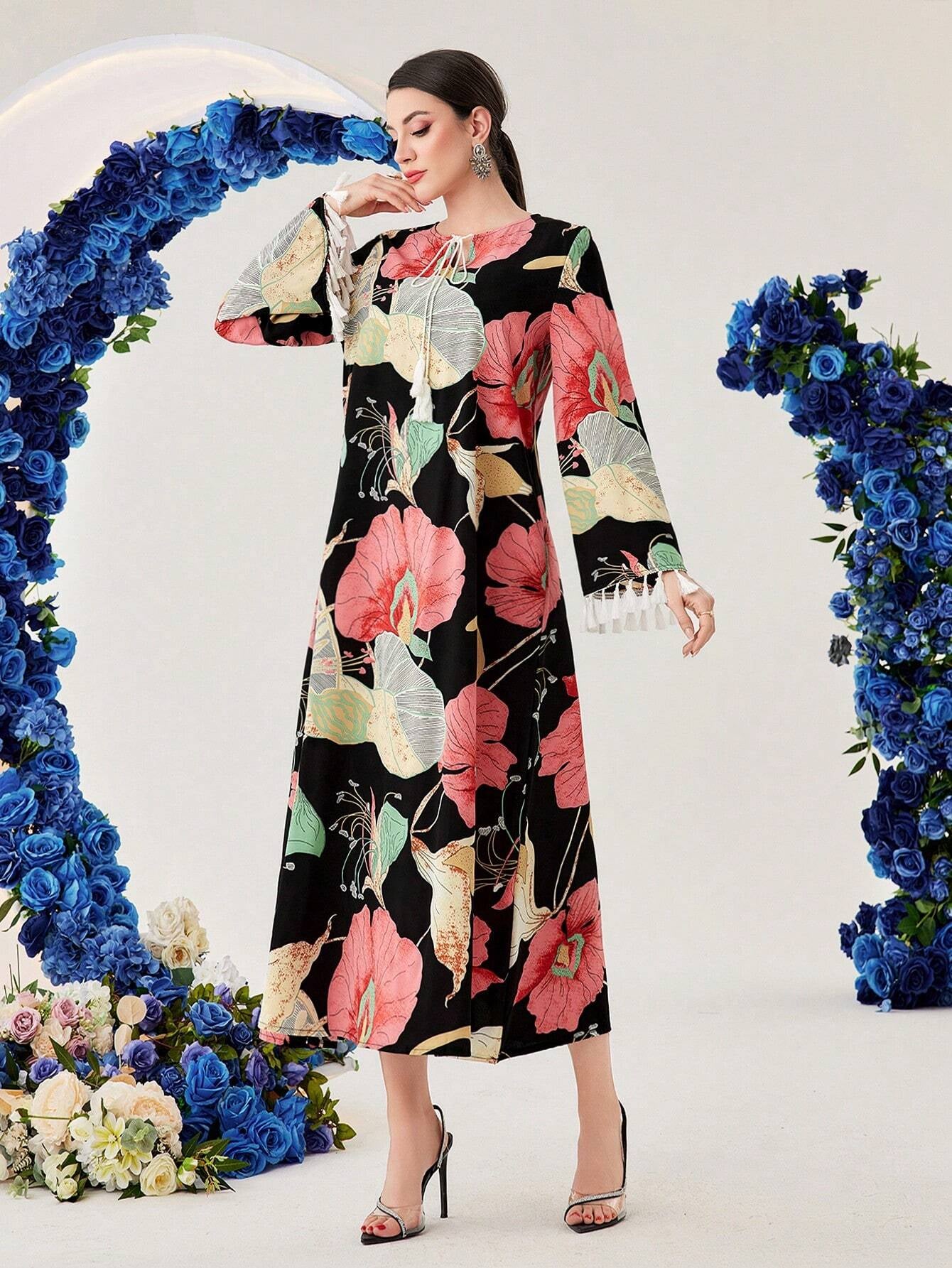 Najma Women'S Ginkgo Leaf Print Patchwork Tassel Bell Sleeve Arabic Dress