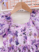 Young Girls' Summer Flower Print Dress, Purple Floral Princess Dress with Puff Sleeves