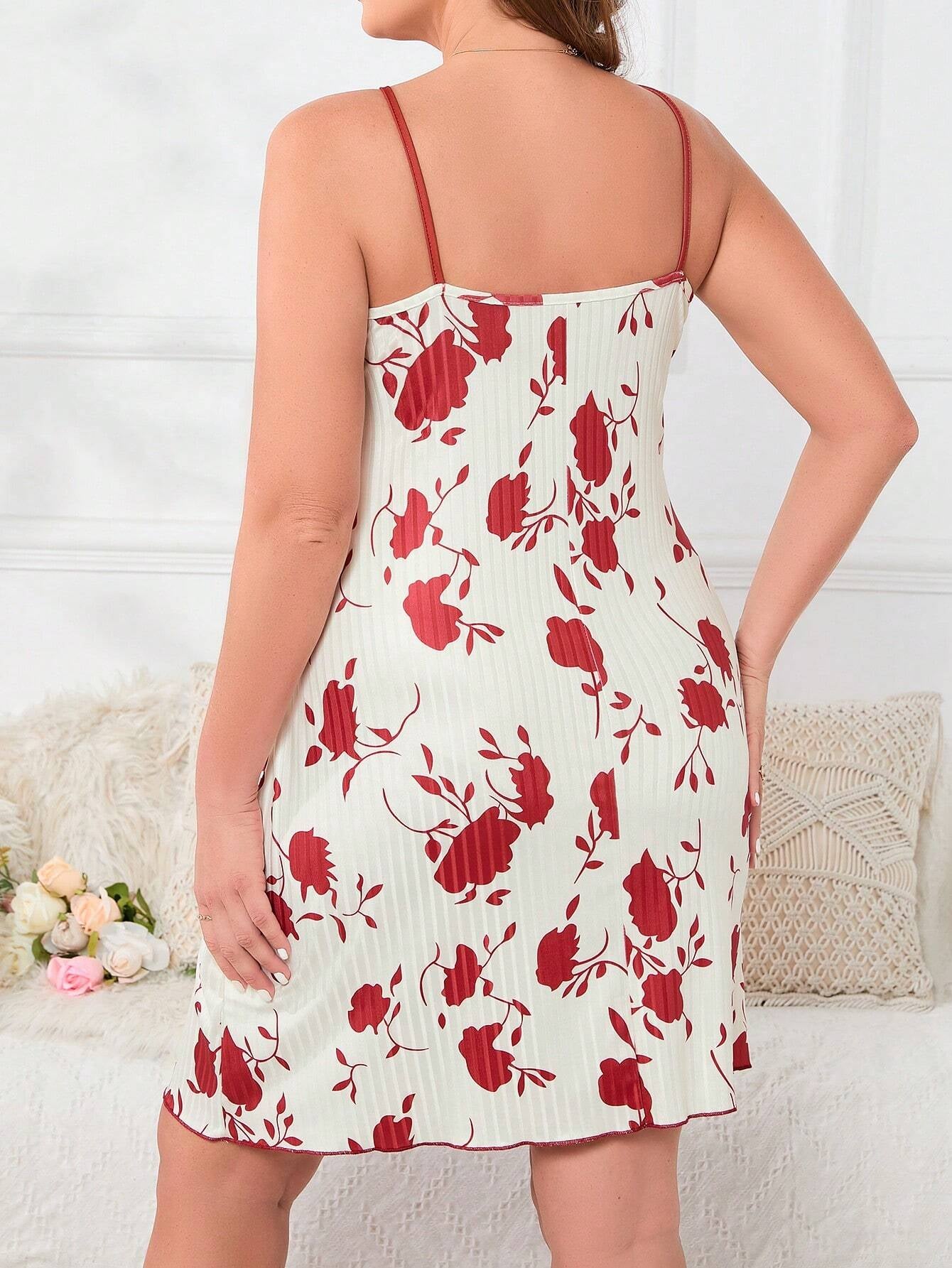 Plus Size Women'S Floral Printed Strappy Sleep Dress