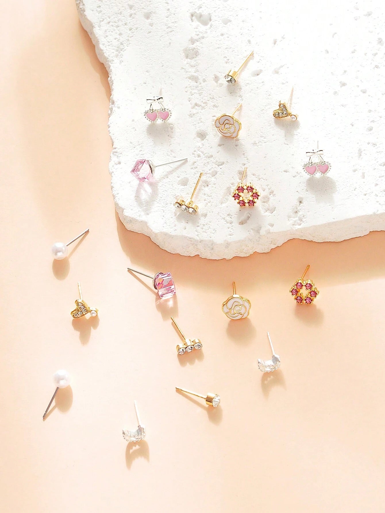 9Pairs/Set Rhinestone & Flower Decor Stud Earrings
