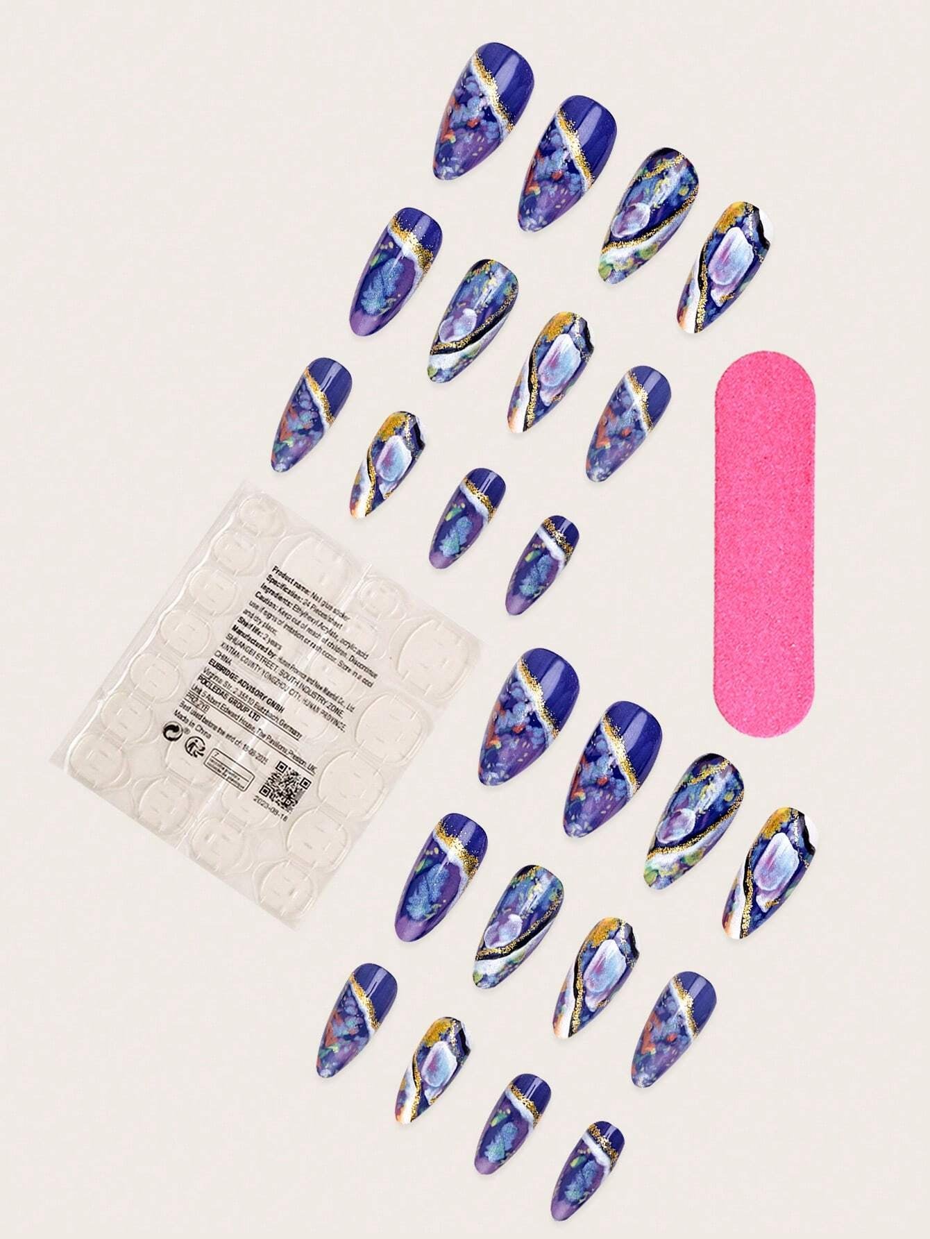 24Pcs/Box Galaxy Blue Starry Sky Almond Nail Tips with Ombre Effect + 1Pc Jelly Glue + 1Pc Nail File