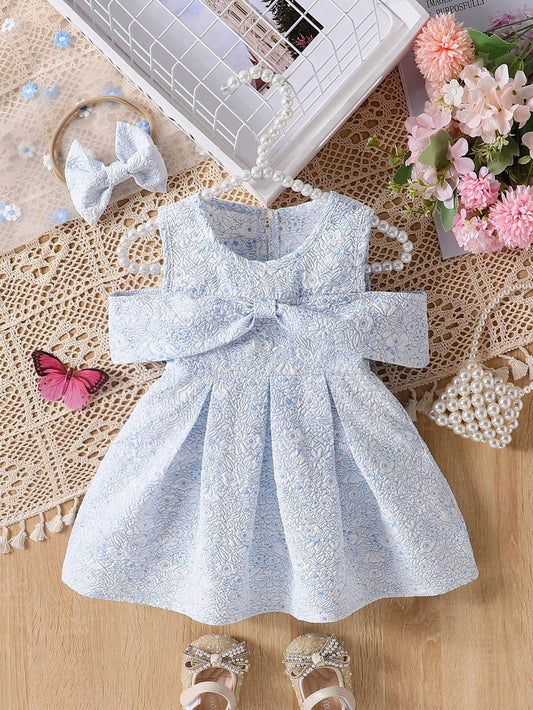 Baby Girls' Simple Jacquard 3D Puff Cold-Shoulder Dress