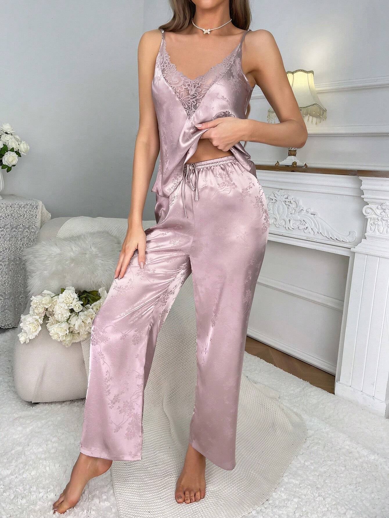Floral Jacquard Contrast Lace Satin PJ Set