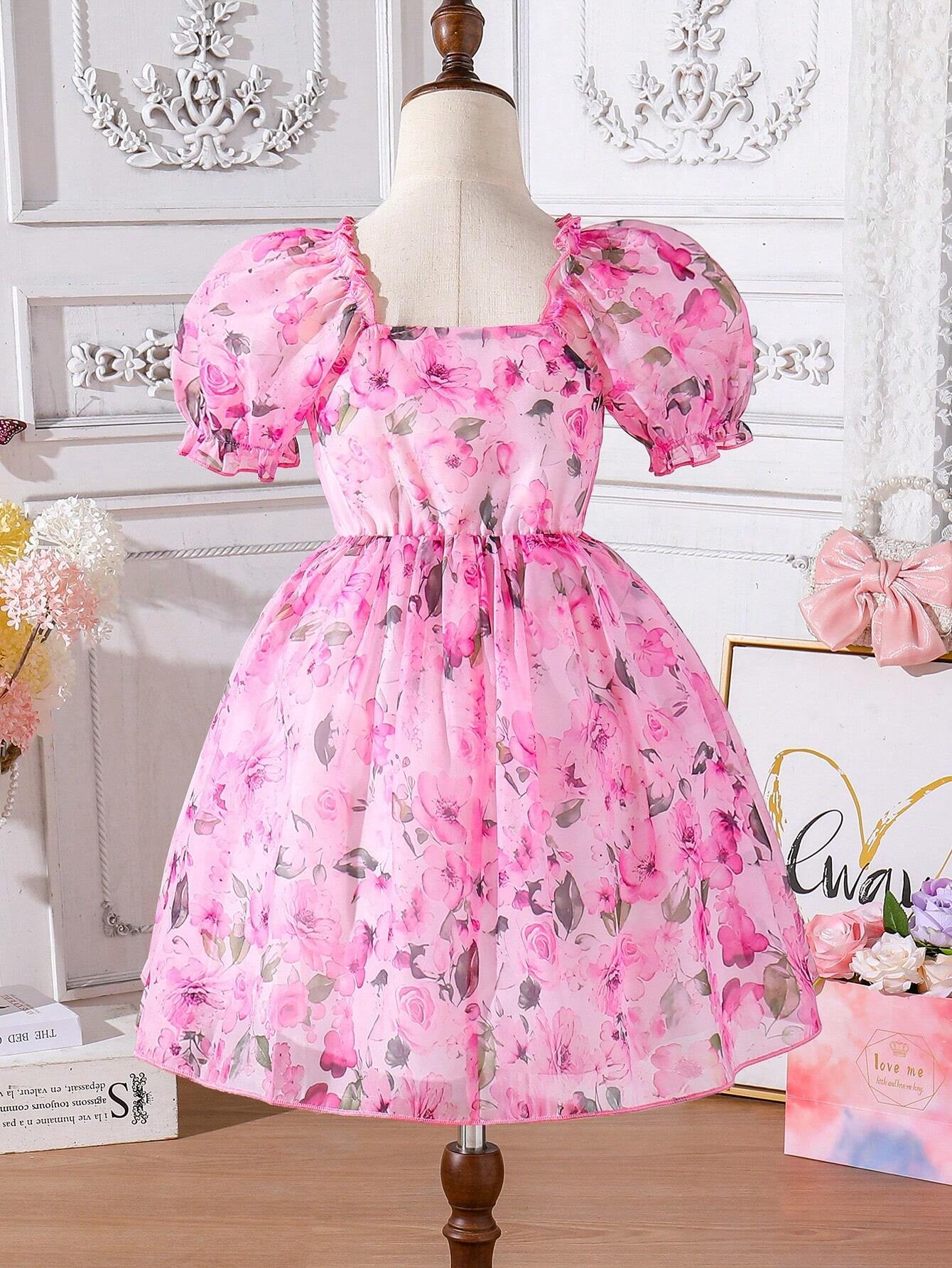Young Girls' Summer Flower Print Dress, Purple Floral Princess Dress with Puff Sleeves