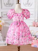 Young Girls' Summer Flower Print Dress, Purple Floral Princess Dress with Puff Sleeves