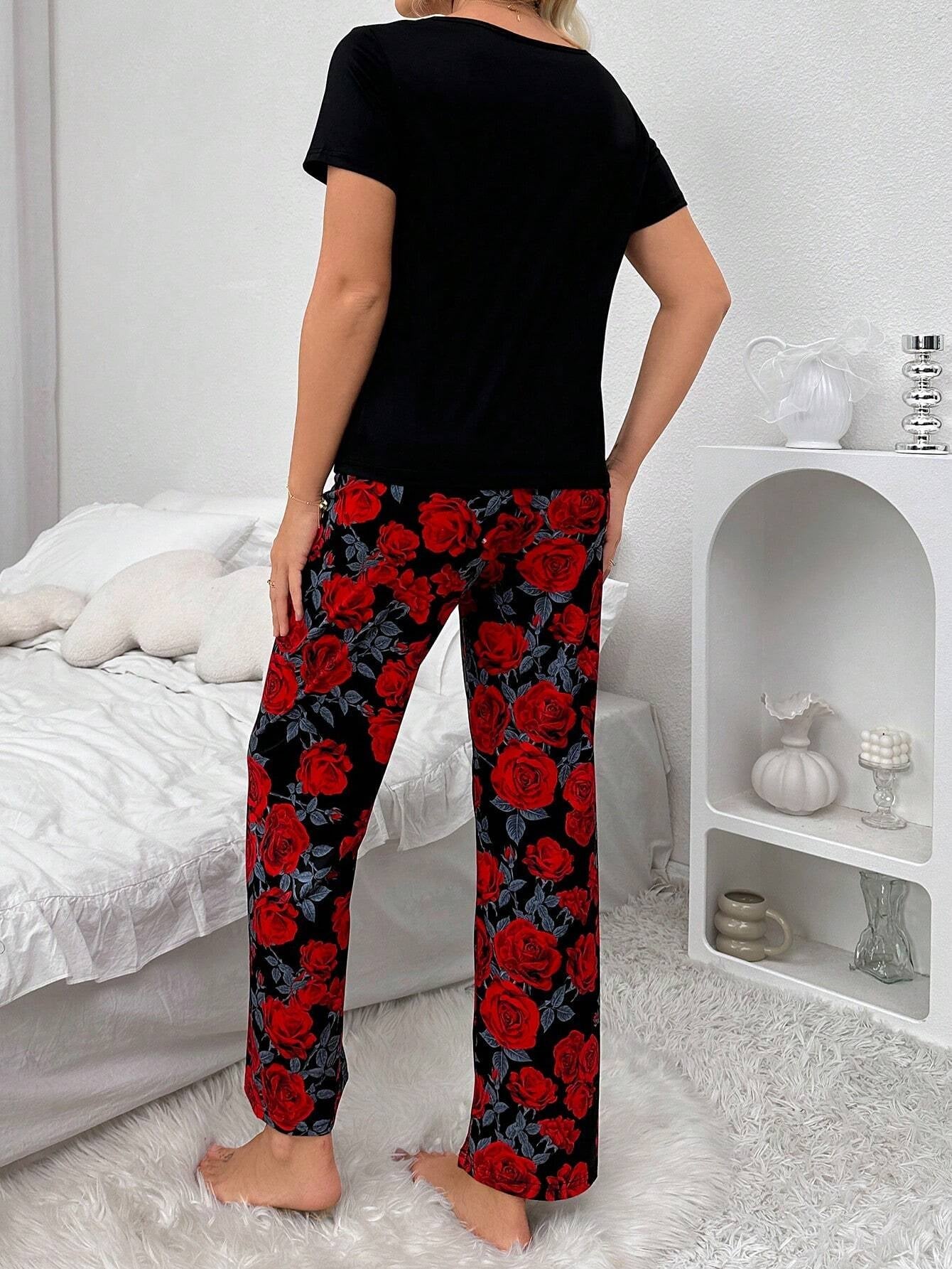 Color-Blocked Floral Printed Short Sleeve Top and Long Pants with Bowknot