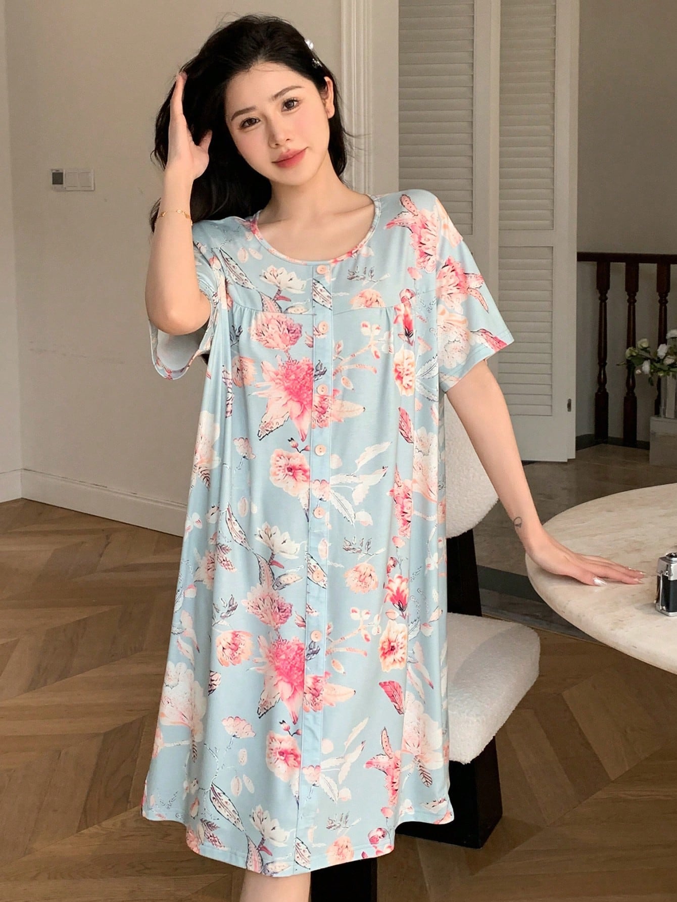 DAZY Women'S Vacation Style Large Floral Print Sleep Dress