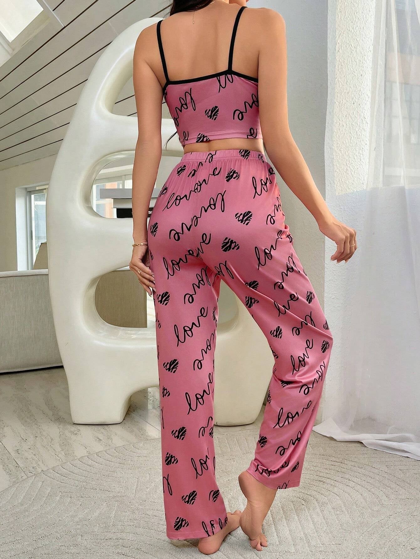 Bow Decorated Lace Trimmed Letter Printed Pajamas Set