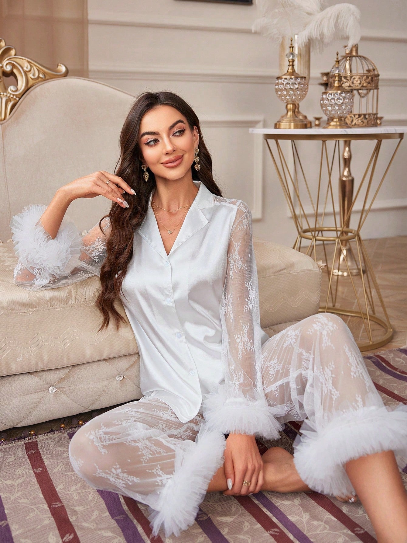 Women'S Long Sleeve Lace Patchwork Pajama Set with Long Pants