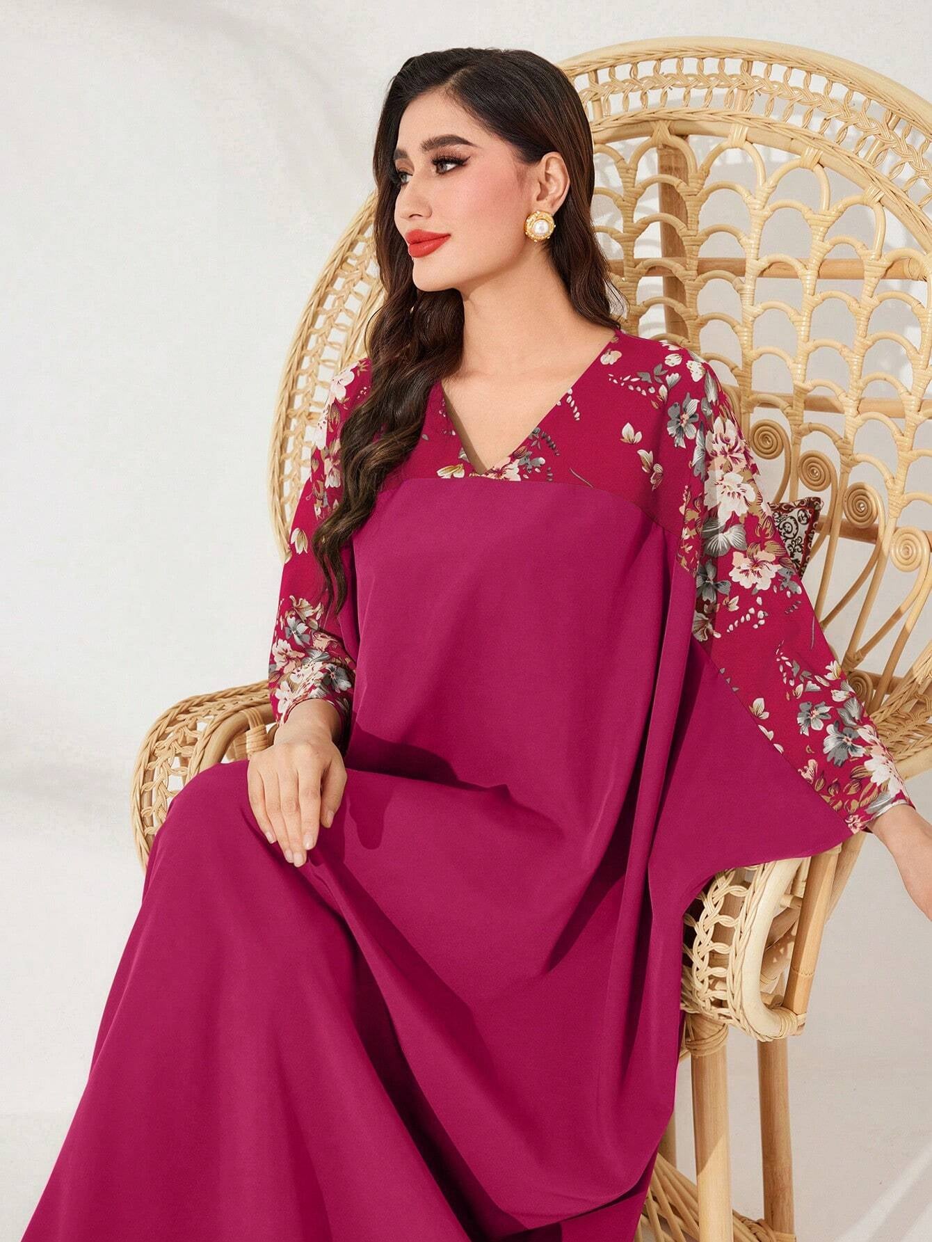 Najma Batwing Sleeve Dress with Plant Pattern Print