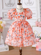Young Girls' Summer Flower Print Dress, Purple Floral Princess Dress with Puff Sleeves