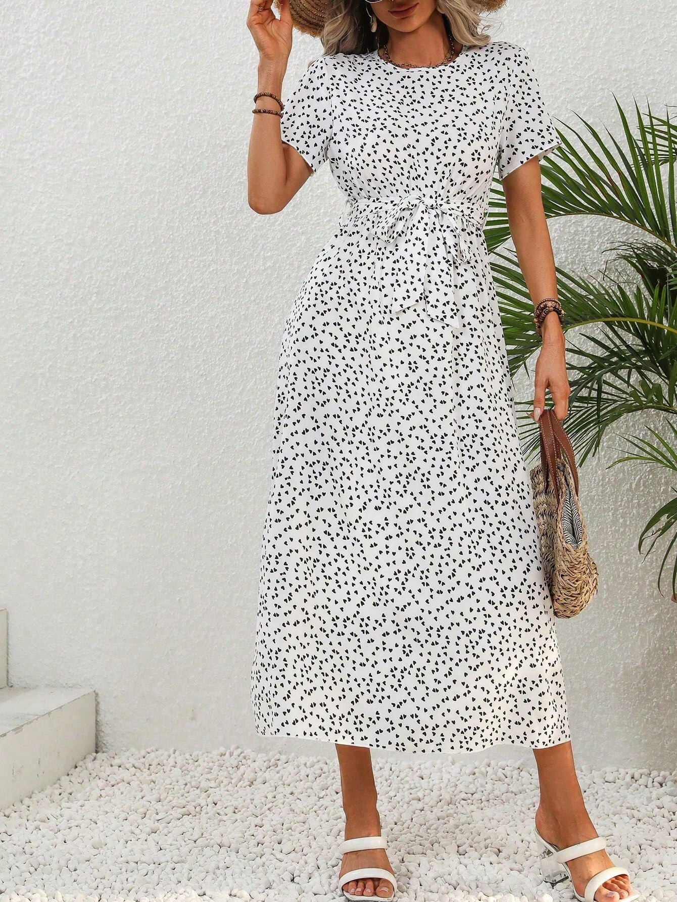 Clasi Allover Heart Print Belted Dress