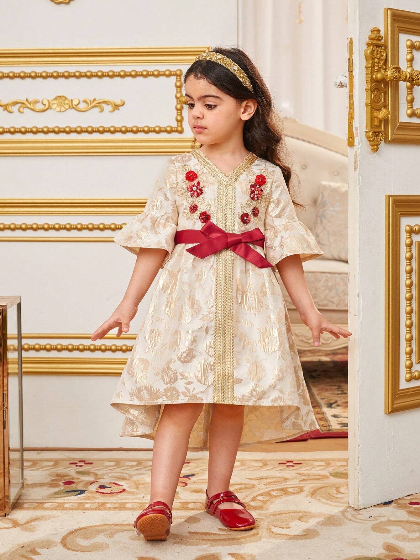 Young Girls' V-Neck Patchwork Jacquard Dress with Woven Belt, Short Front Long Back, Embroidery Detail