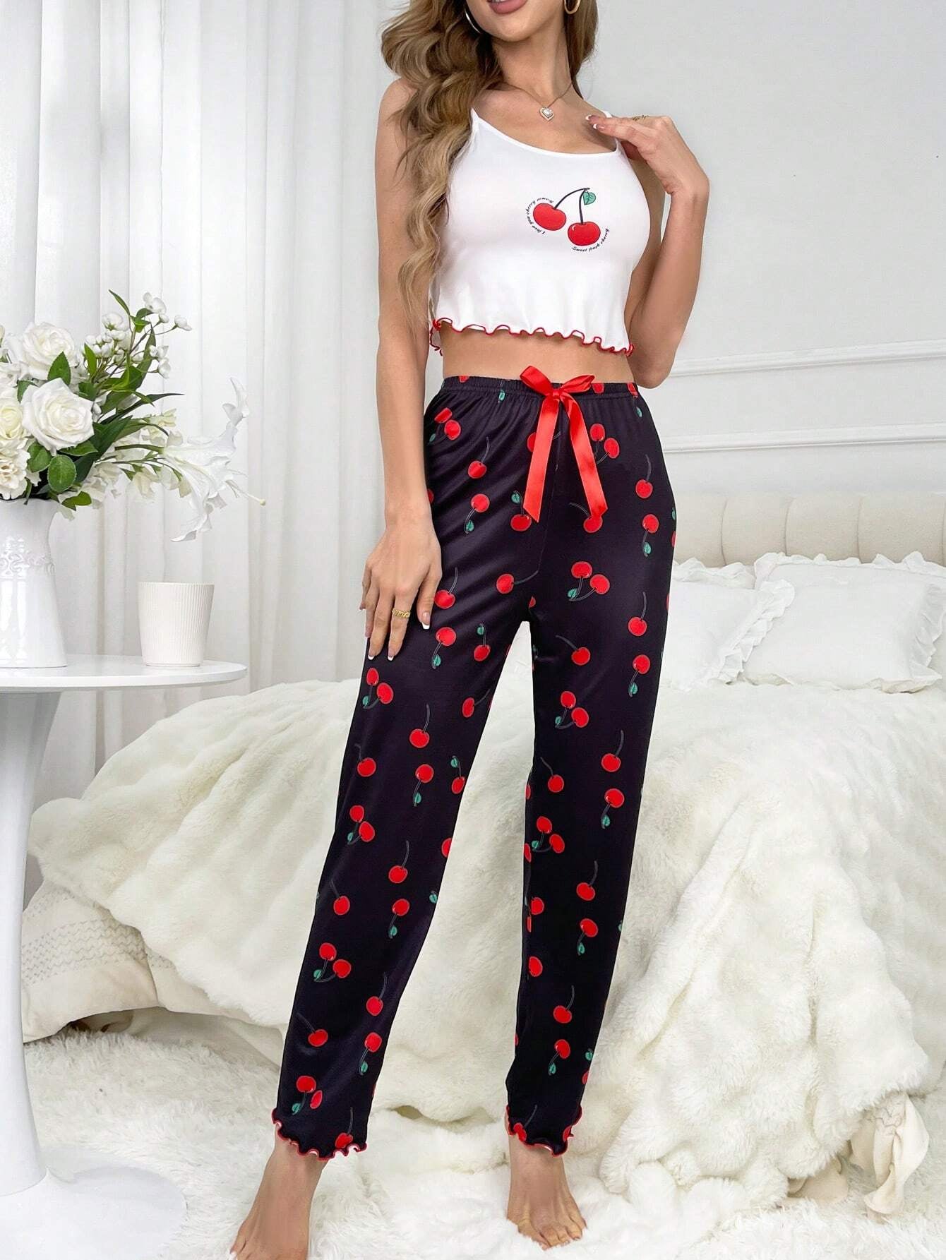 Cherry Print Cami Top & Bow Front Pants PJ Set