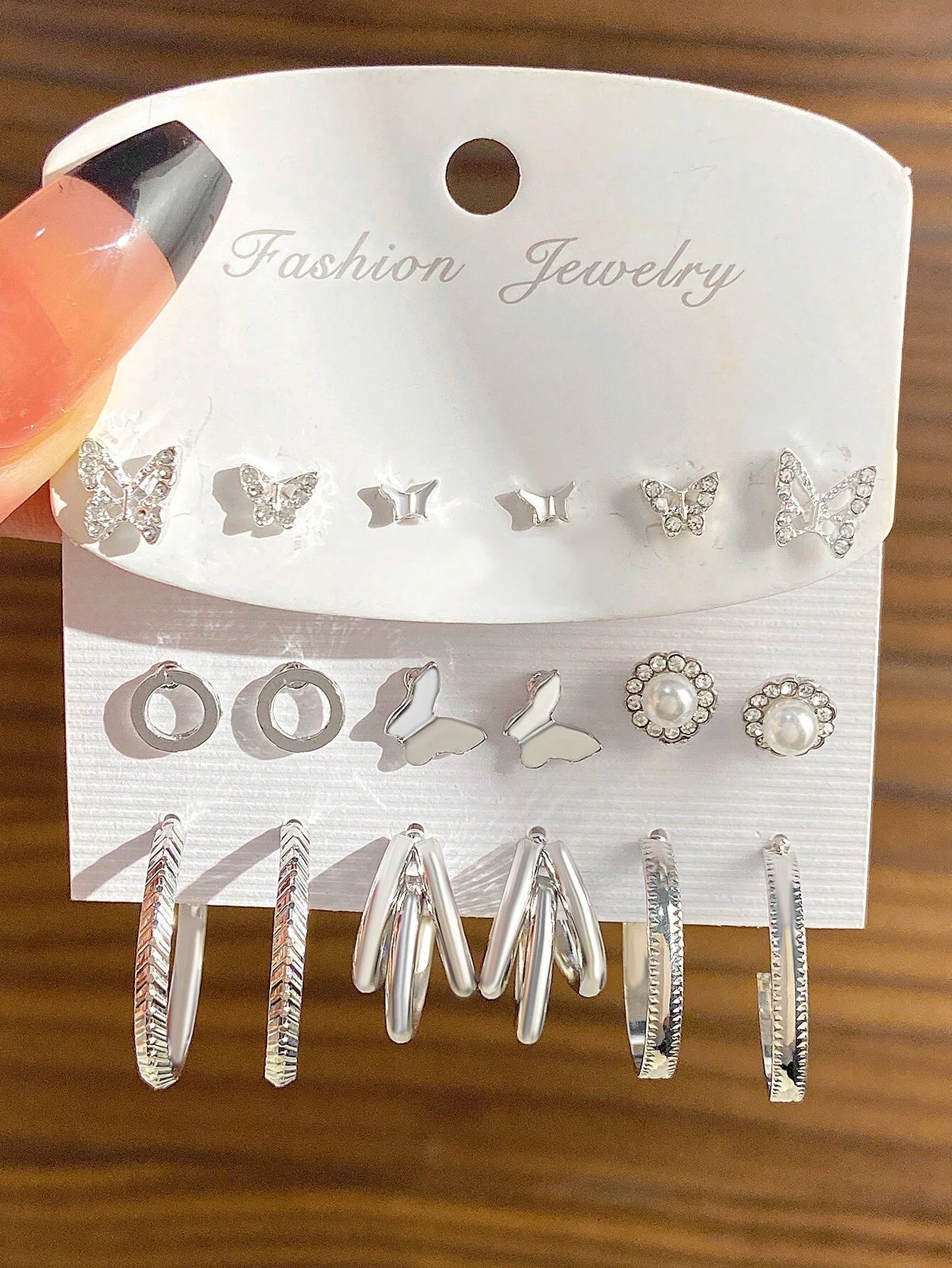 9Pairs/Set Fashionable Zinc Alloy Rhinestone Moon & Faux Pearl Decor Stud Earrings for Women for Daily Decoration