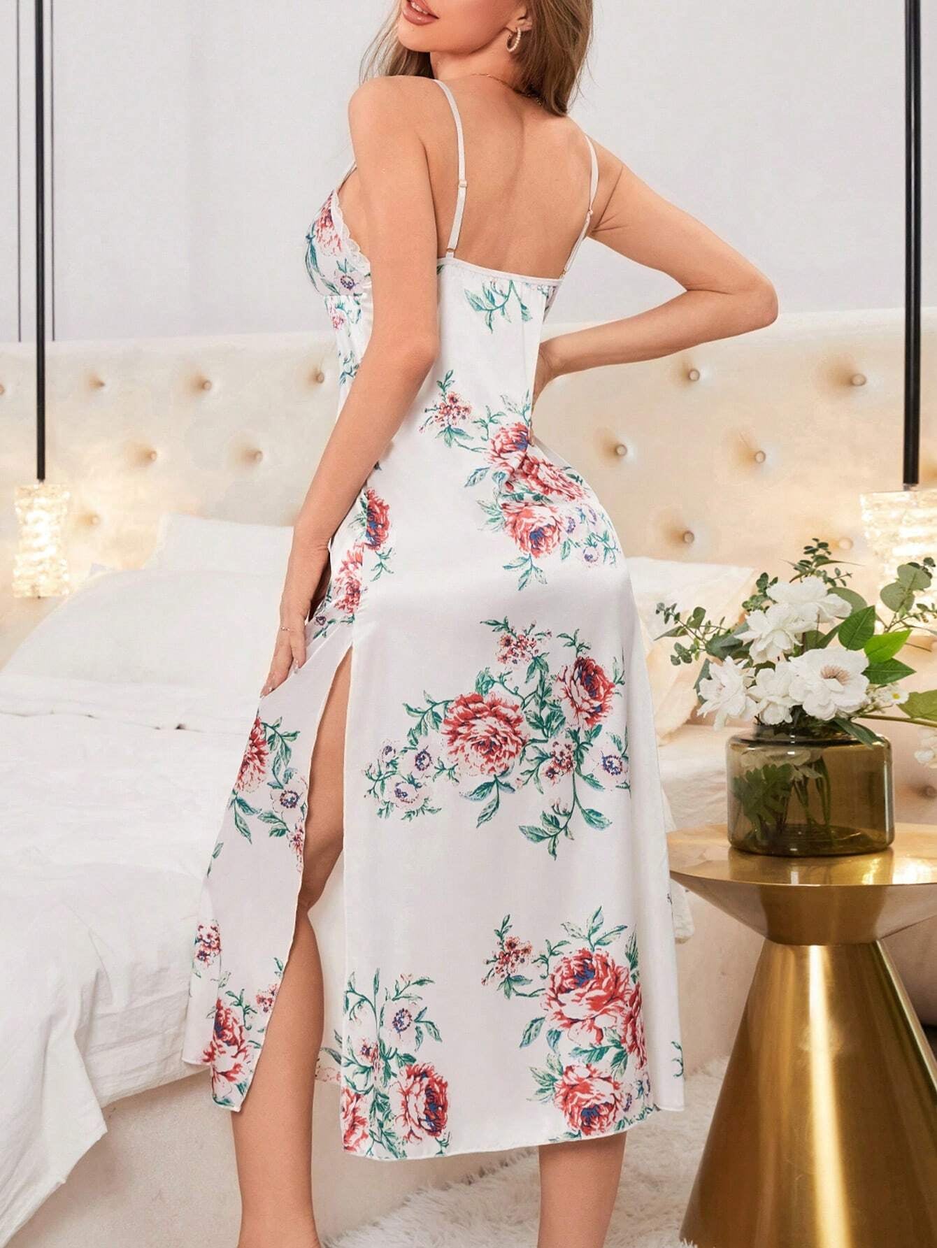 Ladies' Floral Printed Split Hem Night Dress