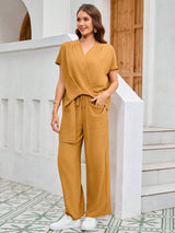 Mulvari Women'S Solid Color Batwing Sleeve Shirt and Pants Two-Piece Set