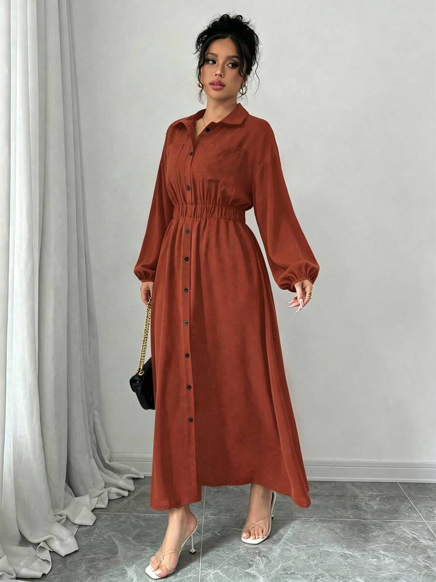 SHEIN Elenzga فستان طويل بأكمام طويلة وأزرار أمامية