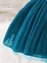 Young Girl Asymmetrical Neck Bow Front Mesh Overlay Dress
