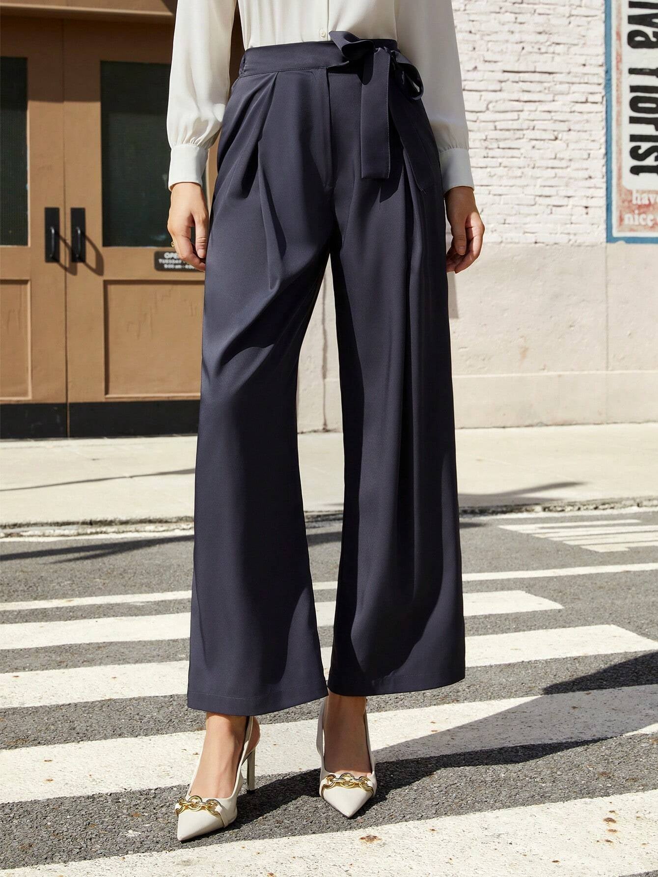 Bizwear Women'S Solid Color Pleated Straight Leg Pants