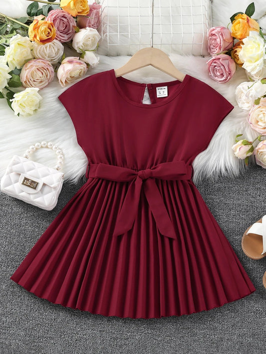 Young Girl Pleated Hem Belted Dress