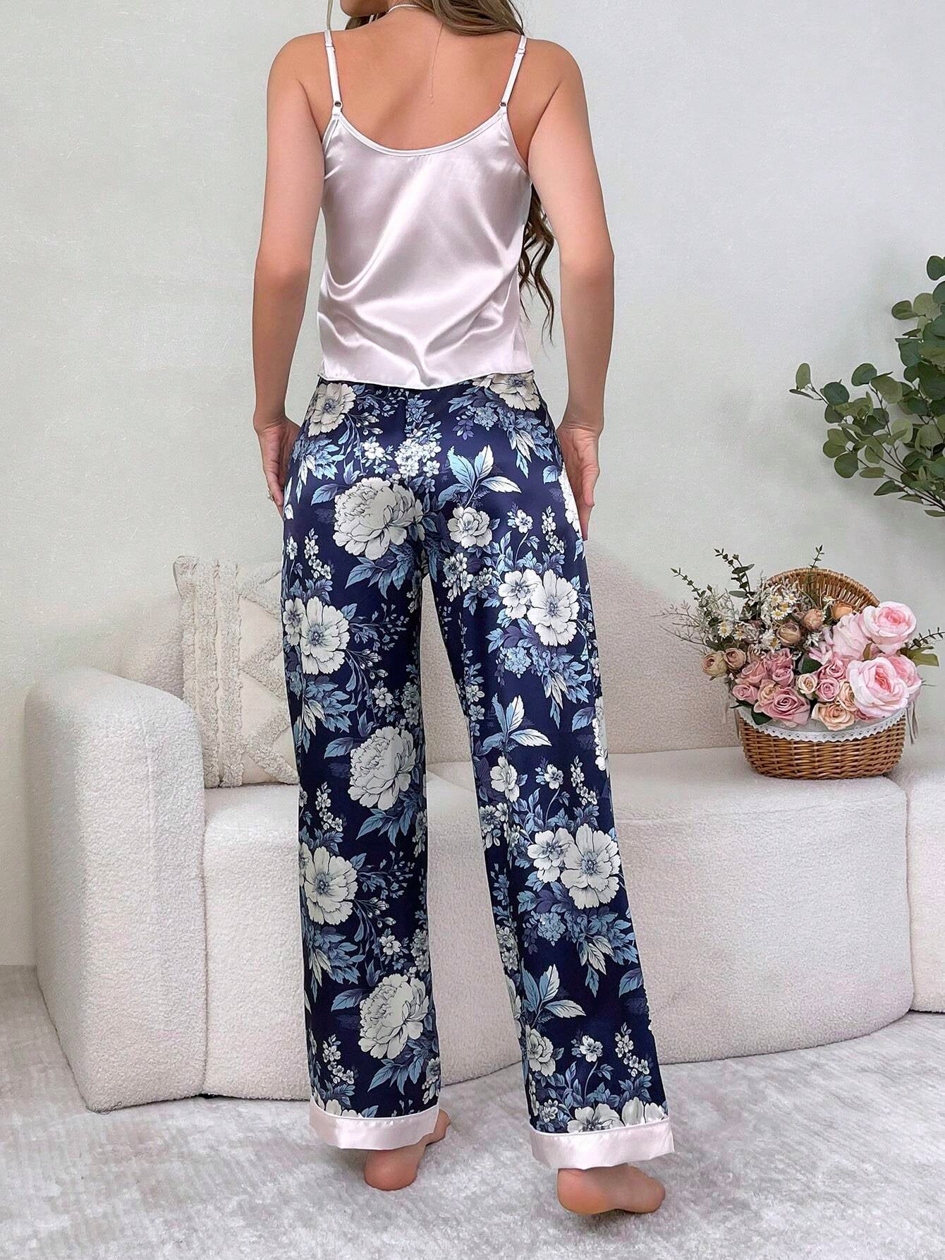 Pati Paints Two Piece Set of Colorblock Floral Print Silk Cami Top and Shorts Pajamas