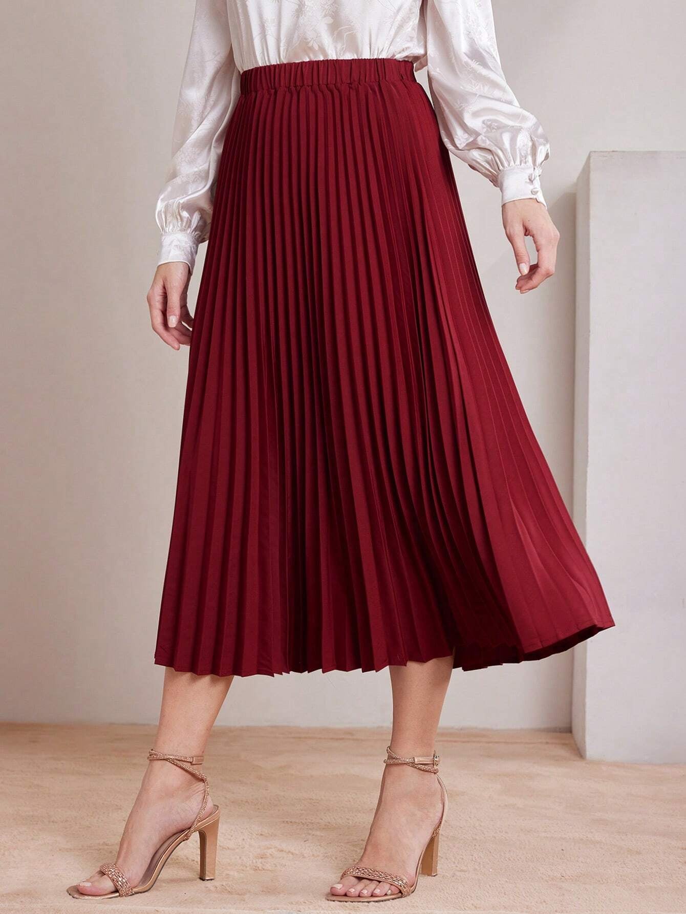 Mulvari Women'S Elastic Waist Pleated Skirt