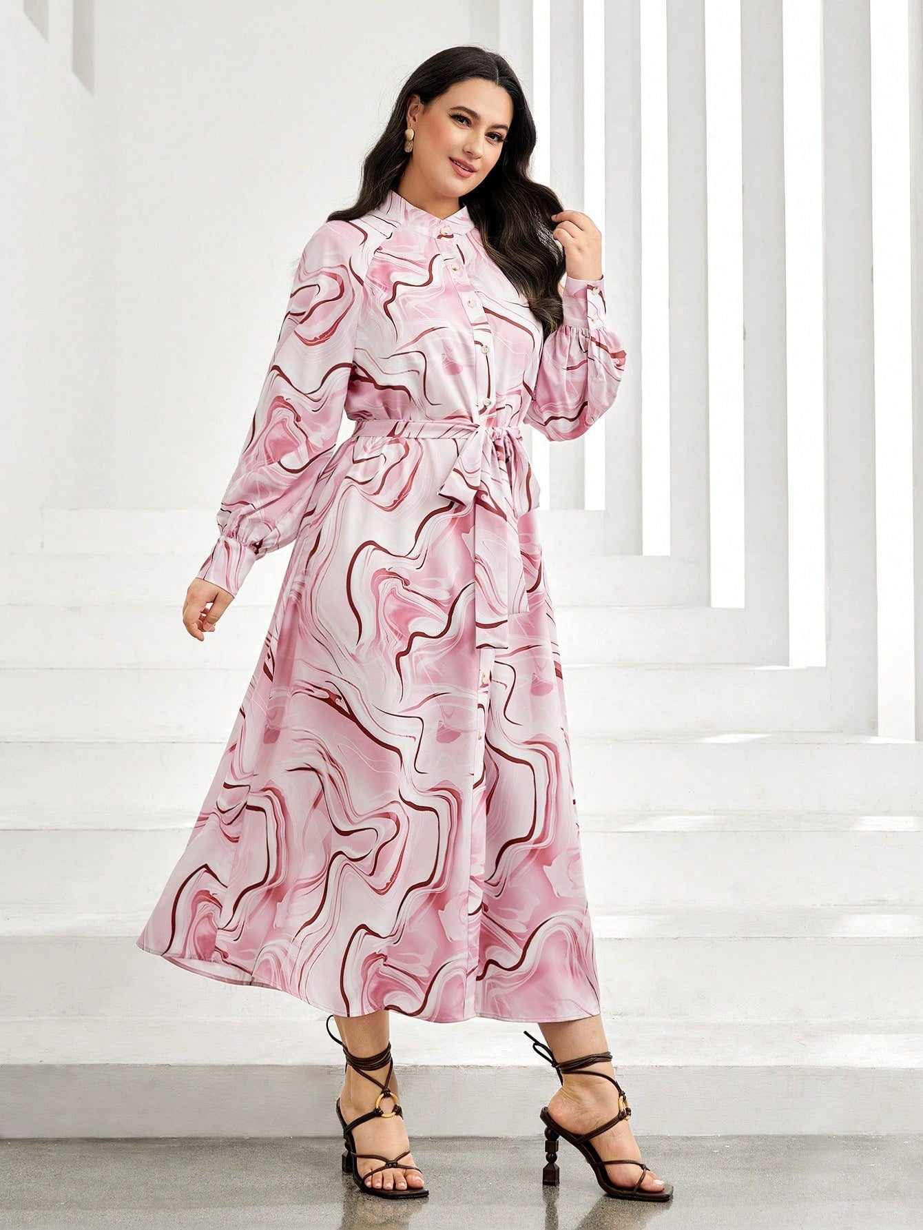 Mulvari plus Allover Print Belted Shirt Dress