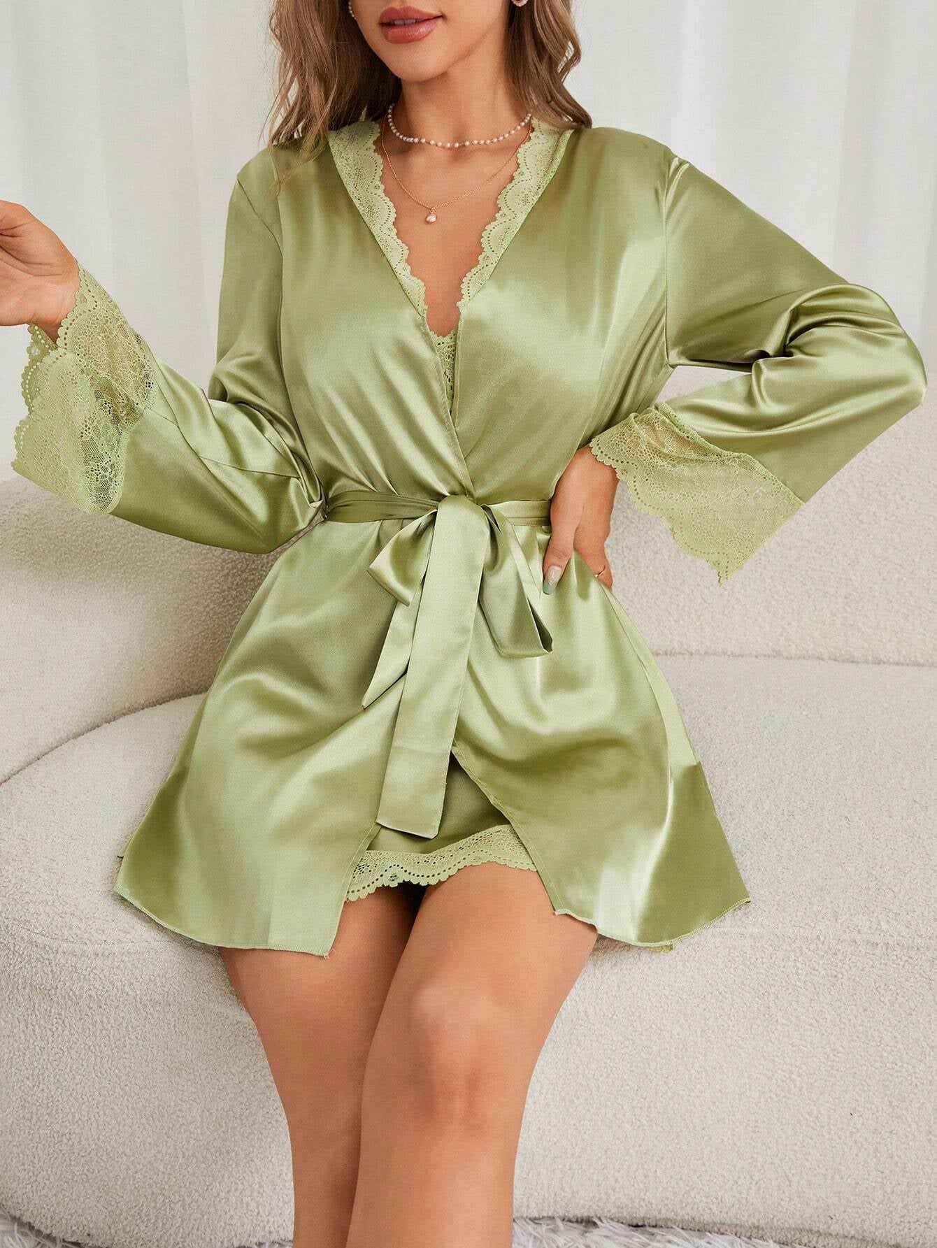 Ladies' Lace Detailing Waist Tie Sleepwear Set