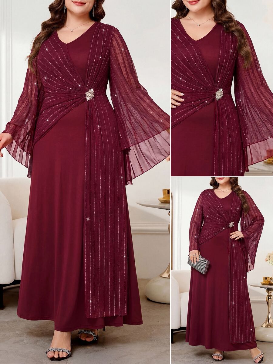 SHEIN Reflora فستان عنابي للمقاسات الكبيرة بأكمام جرس مزين بالراينستون