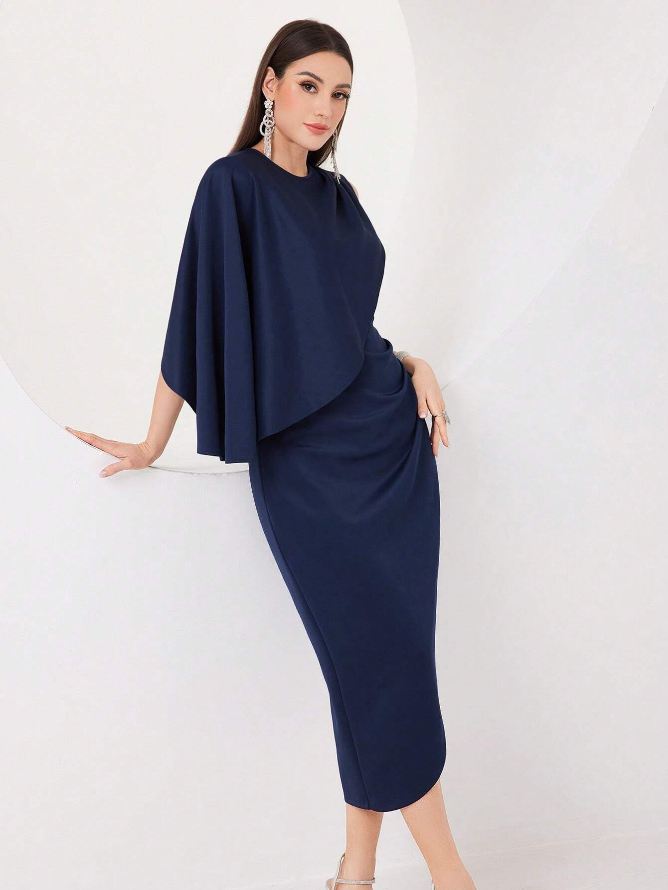 Modely Women'S One Shoulder Cross Design Dress with Asymmetrical Hem