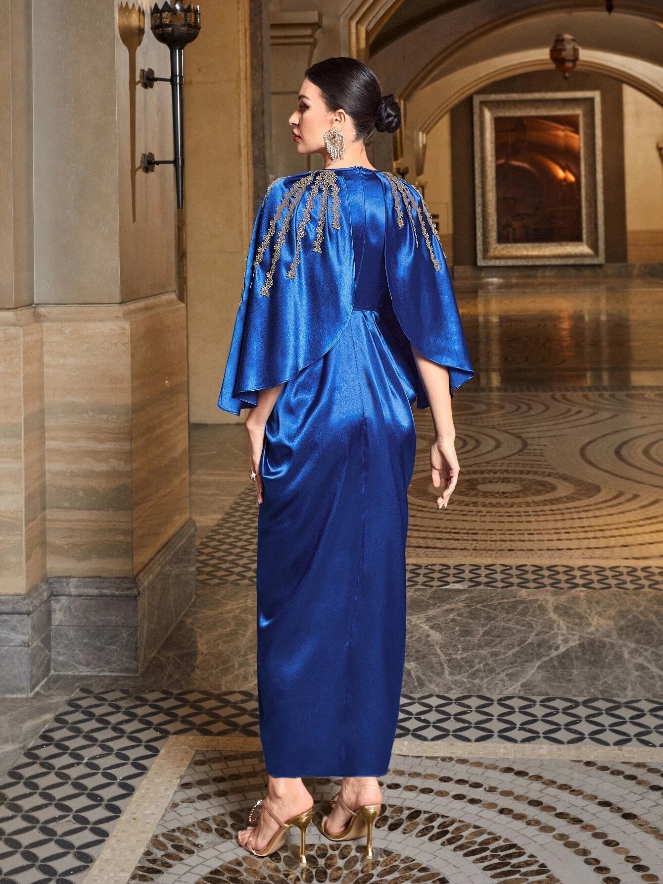 Modely Rhinestone Detail Batwing Sleeve Wrap Hem Dress