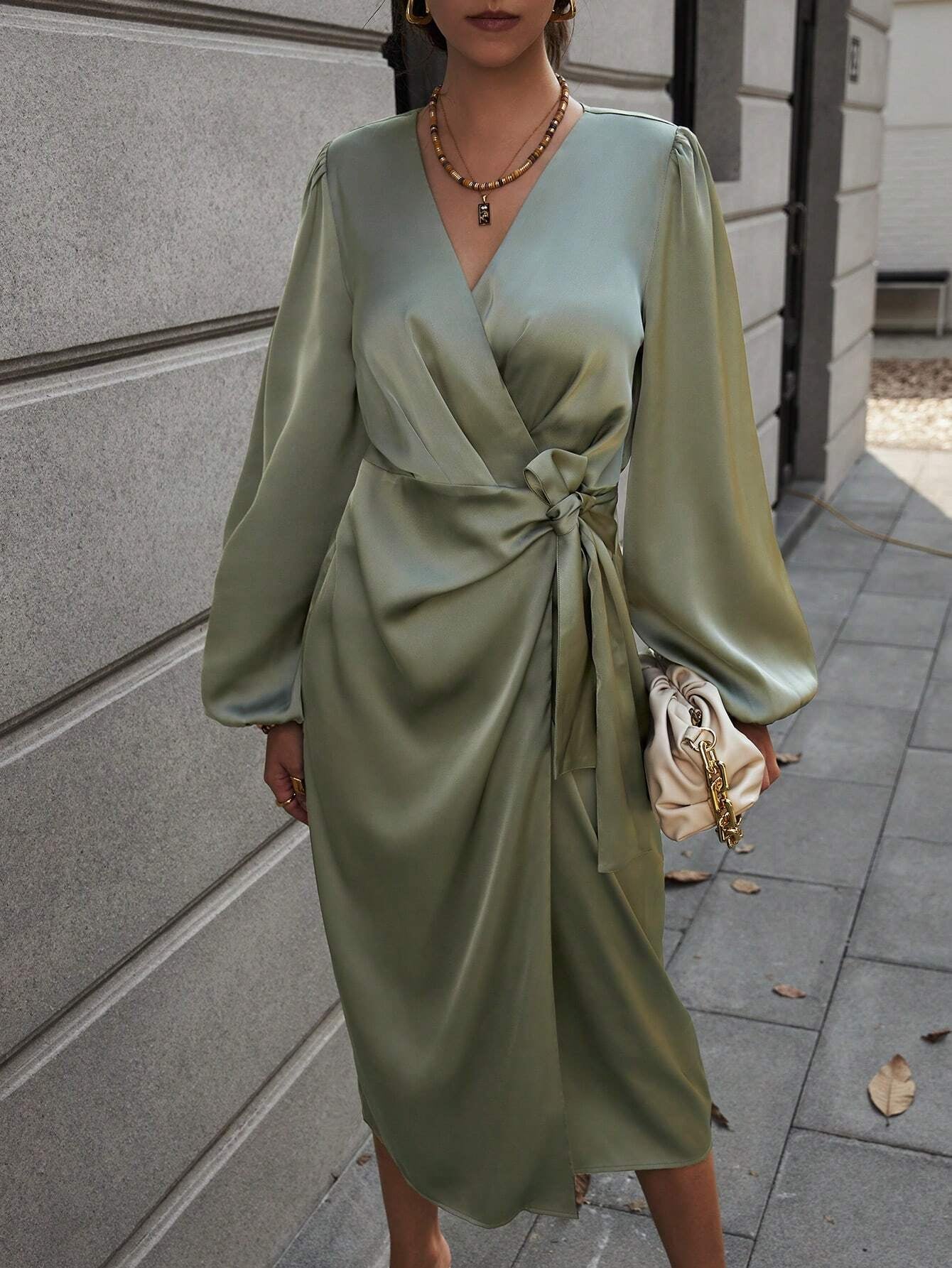 Clasi Lantern Sleeve Knot Side Wrap Satin Dress