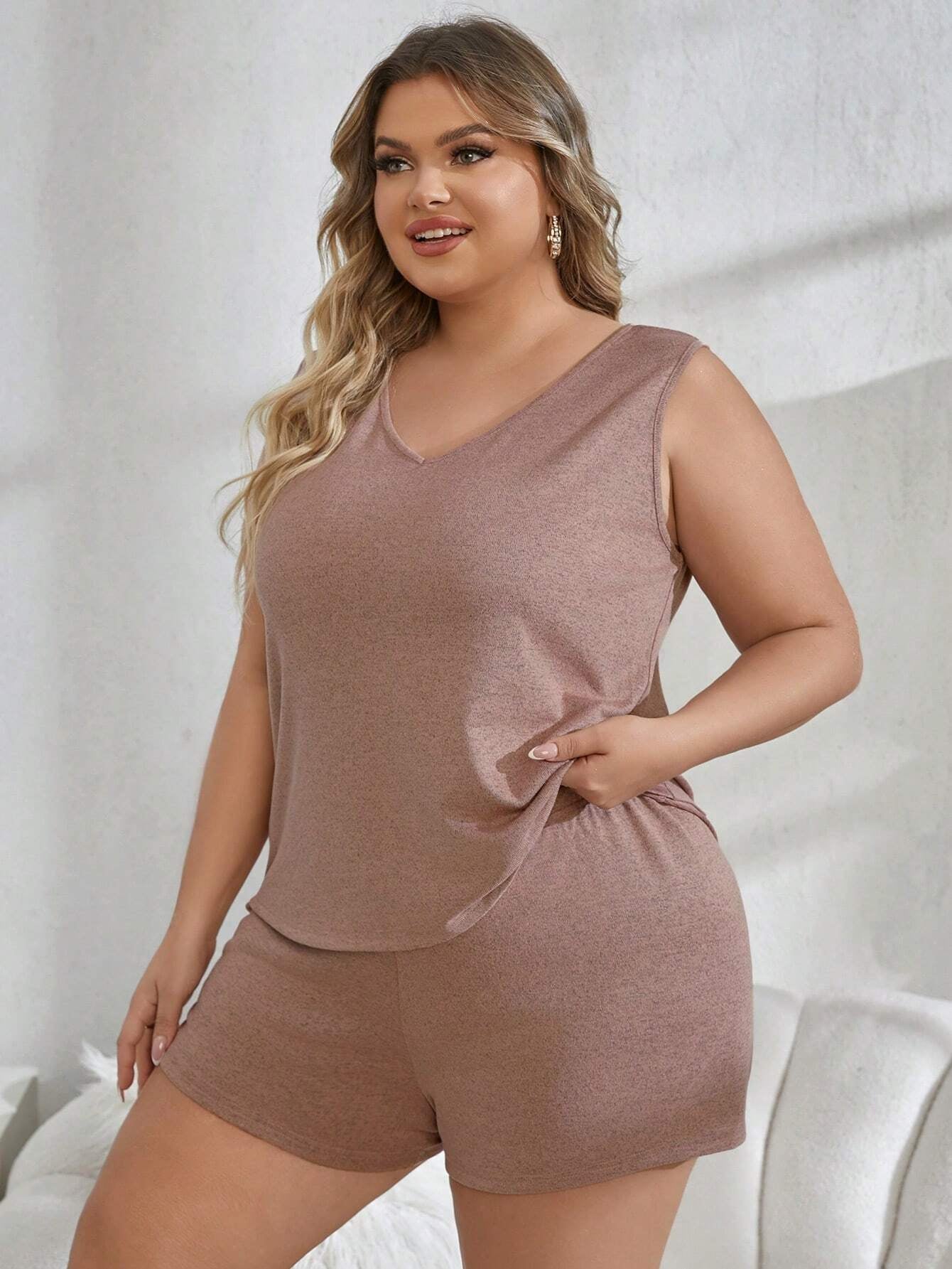 Plus Size V-Neck Tank Top and Shorts Casual Sleepwear Set