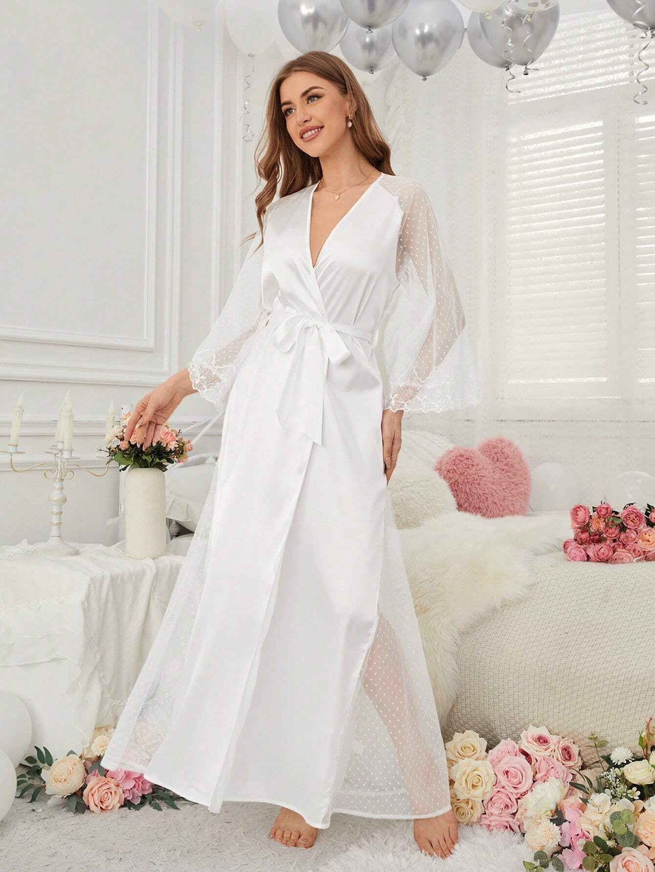 Lace Patchwork Women'S Wrap Robe for Sleepwear